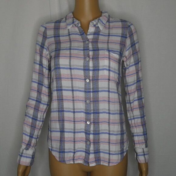 Soft Joie Annabella Button Down Plaid Shirt Top Blouse Long Tab Sleeve XS - Picture 1 of 11